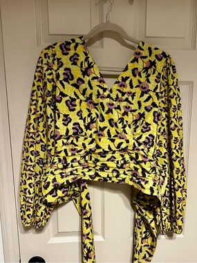 Yellow Floral Wrap Top with Purple and Black Accents